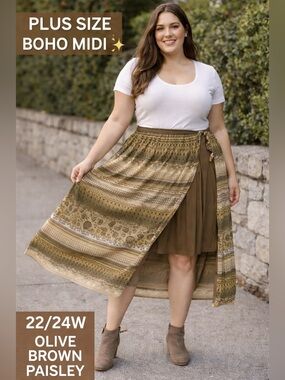 Cato Boho Wrap Midi Skirt 22/24W Olive Brown Paisley Flowy Plus Size